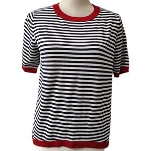 Dokotoo Women's Small Striped Knit Top Navy White Red Trim Short Sleeve Crewneck